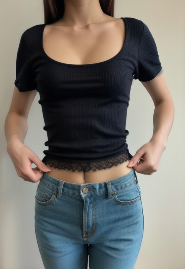 Lace Trim Splice Square Neck Crop Short Sleeve Tee