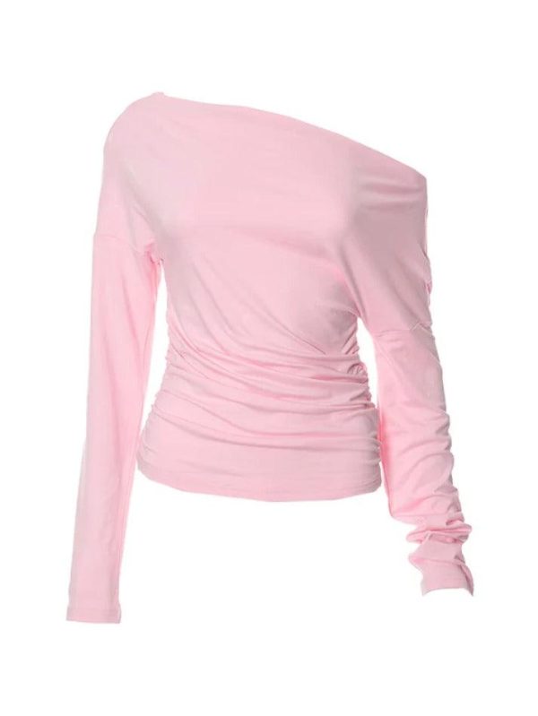 Solid One Shoulder Ruched Long Sleeve Tee